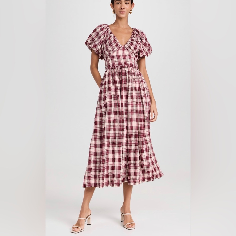 En Saison Burgundy and White Plaid Midi Dress